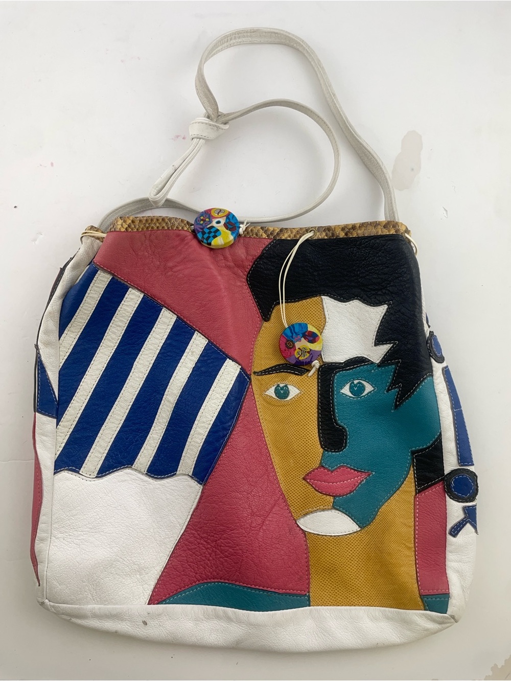Colorblock Artistic Face Leather Crossbody Bag - Teal, Pink & White